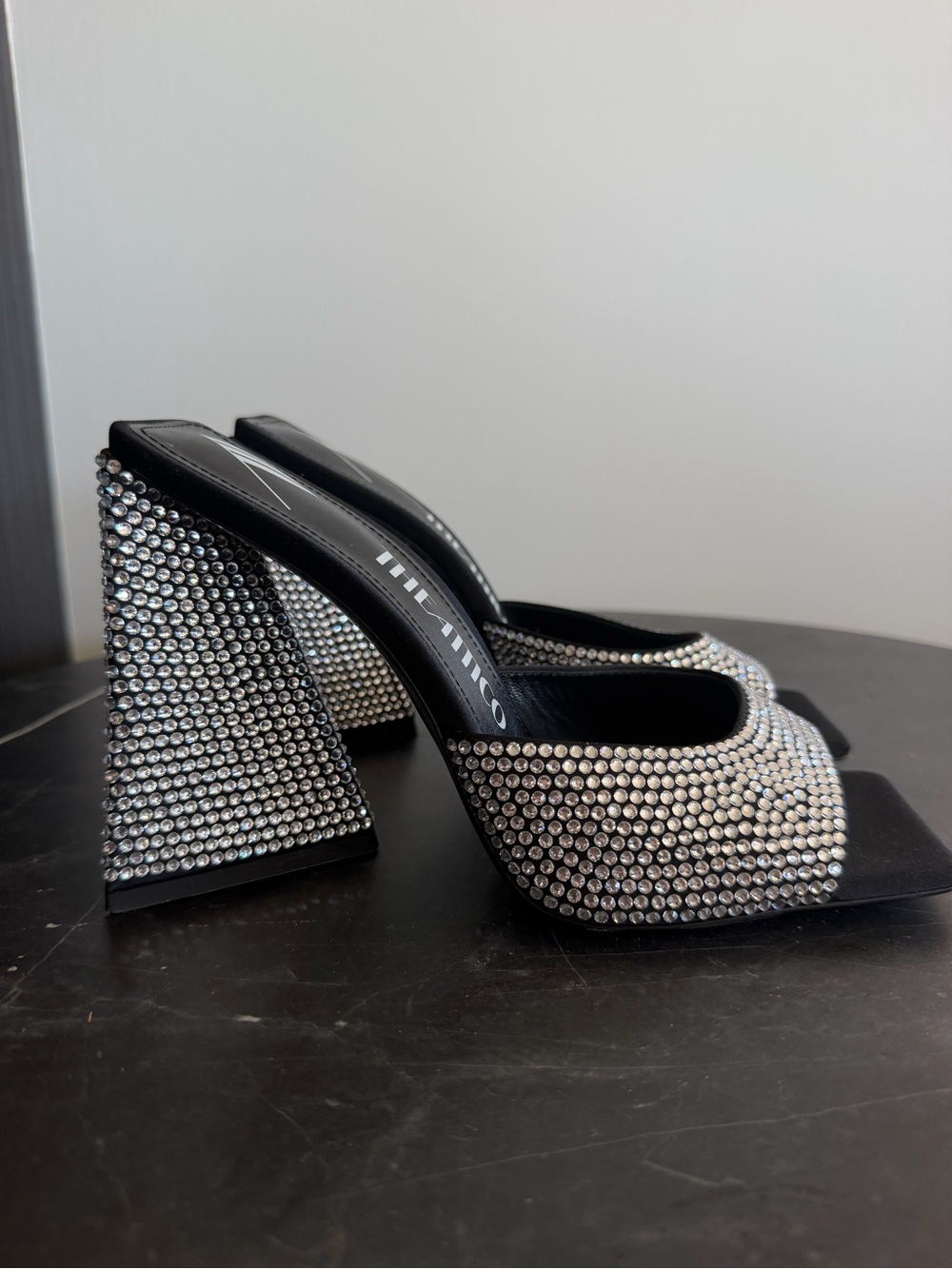 The Attico Crystal Embellished Black Heeled Mules
